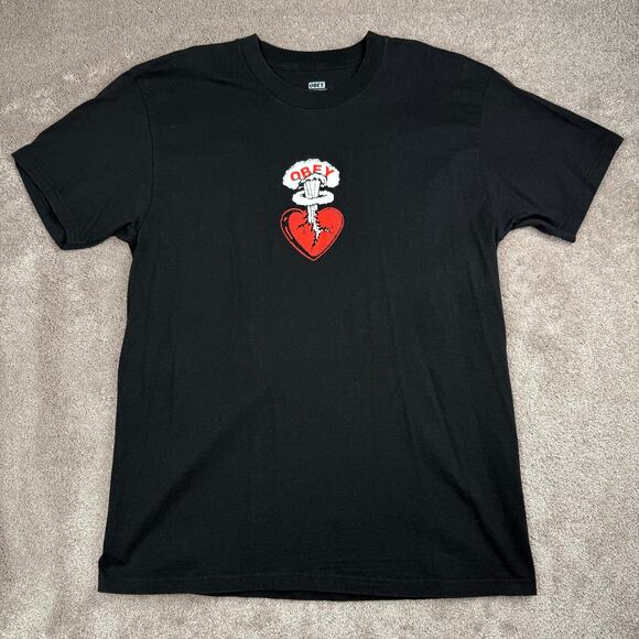 Black Obey Skate T-Shirt Size L Heart Mushroom Cloud Exploding Broken - Picture 1 of 4
